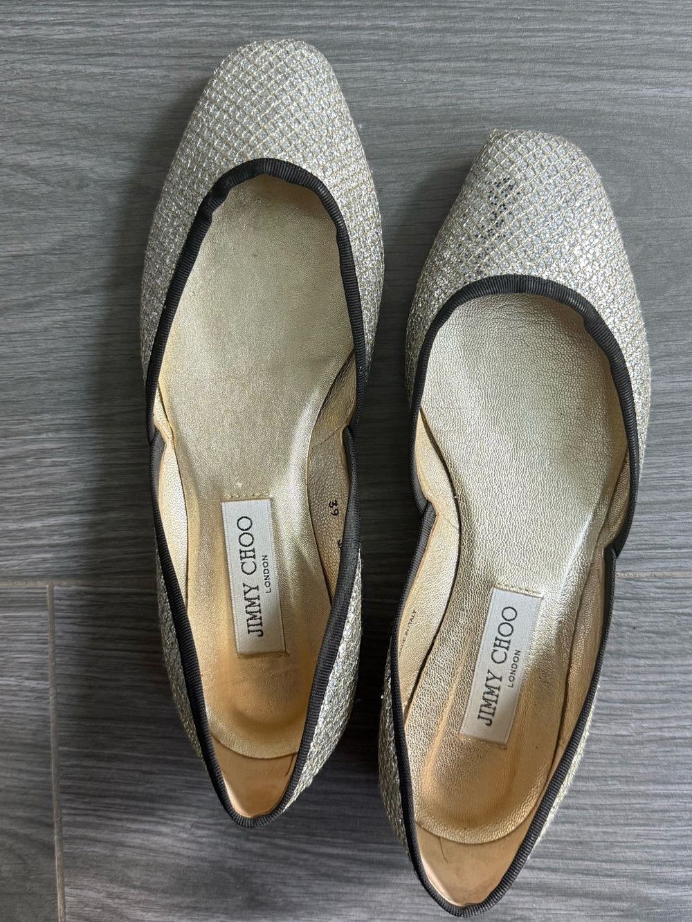 Jimmy Choo Glitter Flats with Black Trim size 39 (worn once)